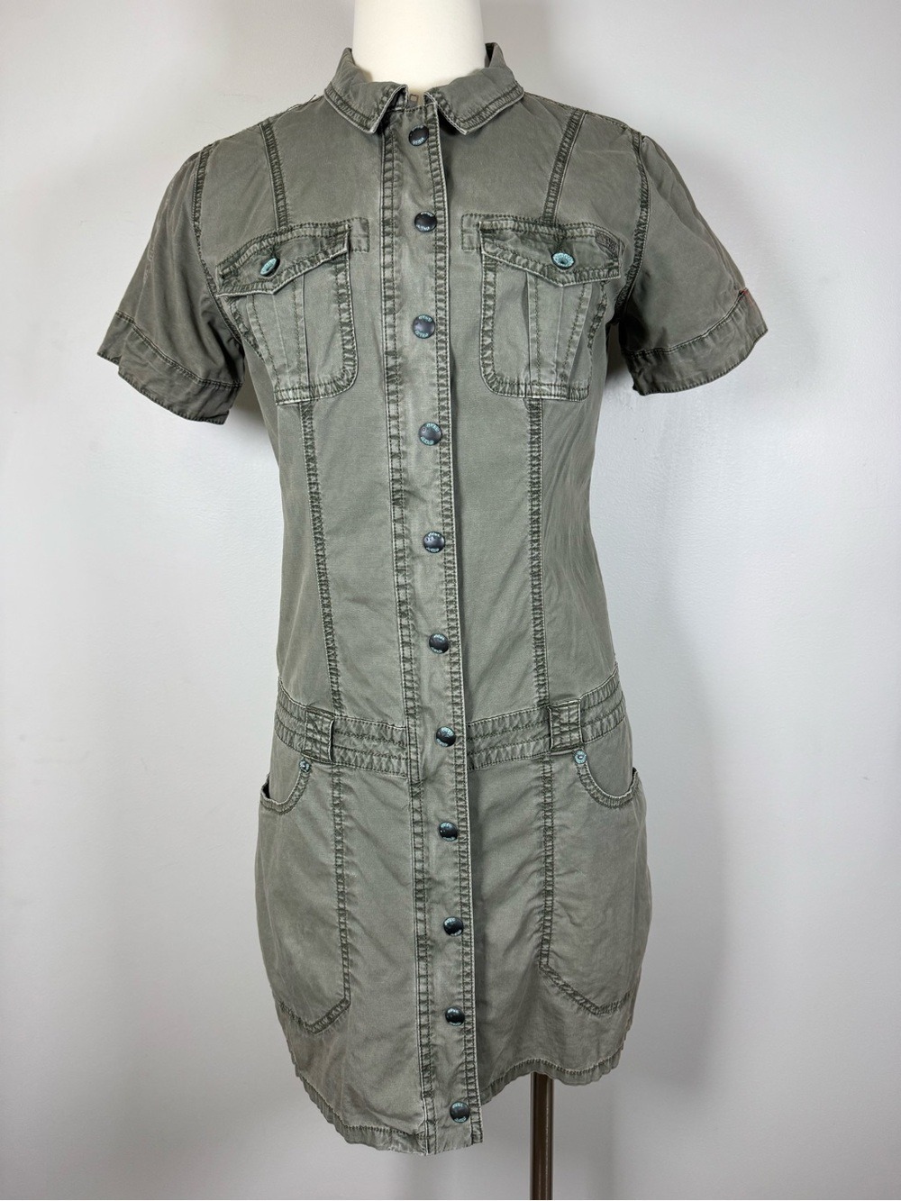 Guess Jeans Olive Short Sleeve  Button-Front Utility Shirt Dress SZ Medium Y2K